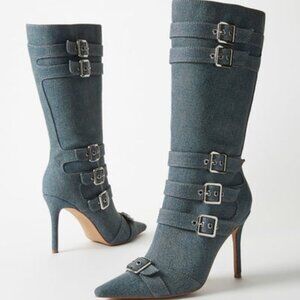 SHOEDAZZLE KNEE HI DENIM BOOTS 4" HEEL BUCKLE ACCENTS INNER ZIP POINTED TOE